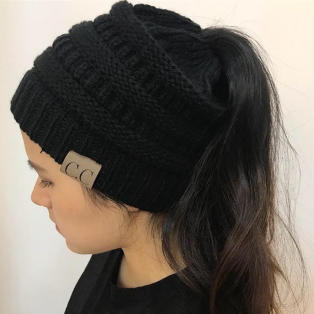 Cable Knit Ponytail Beanie